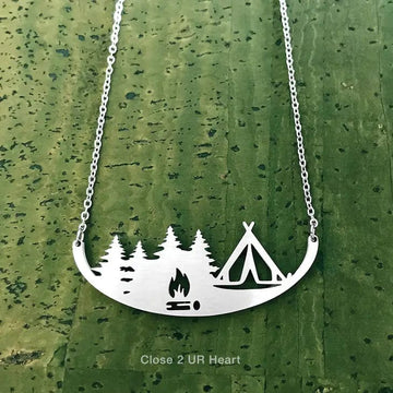 FAIRE - Close 2 UR Heart Fashion Jewelry Necklaces Tent Camper Happy Camper in the Woods Stainless Steel Necklace-Tent and RV, Made in the USA*